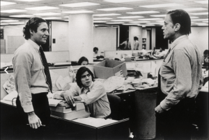 Ben Bradlee (right) with Bob Woodward and Carl Bernstein