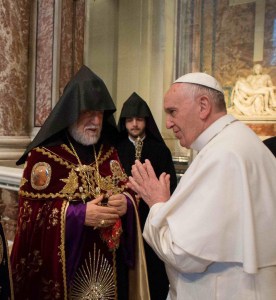 With Armenian Church leader Catholicos Aram I on April 12, 2015, Pope Francis referred to the World War I-era mass slaughter of Armenian Christians by Ottoman Turks as "the first genocide of the twentieth century."