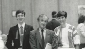 Elie Wiesel spoke at Congregation Rodfei Zedek in Chicago in May, 1987, his first appearance in Chicago after receiving the Nobel Peace Prize. Ed Bernstein (left) was then the youth group president of the synagogue and his mother, Roberta (right), was the synagogue's executive director. 
